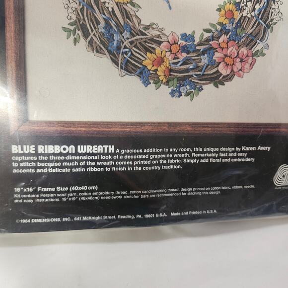 Blue Ribbon Wreath Crewel Kit Dimensions 16 x 16 Opened Complete 1270 B28 - Picture 5 of 10